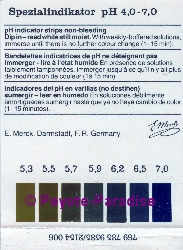 Spezialindikator pH 4,0 - 7,0 - pH-Indikatorstabchen - nicht blutend - Fabrikant: E. Merck , Darmstadt, Germany (achterkant).